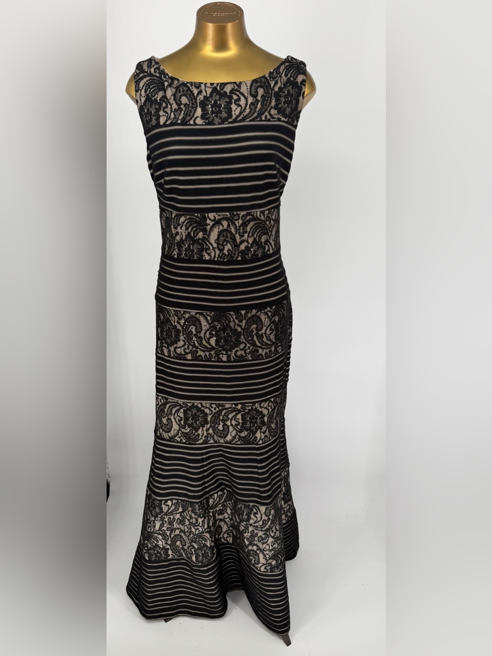 Sangria Black Lace & Nude Stripe Sequin Evening Dress Size 14
